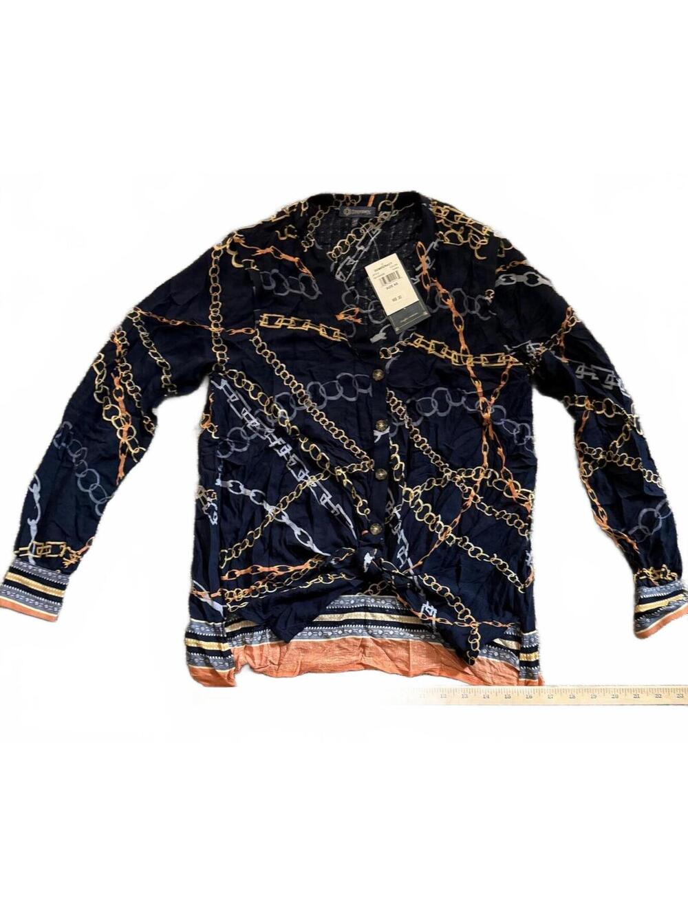 Democracy Women's Navy Chain Print Button-Up Blouse Size XS
